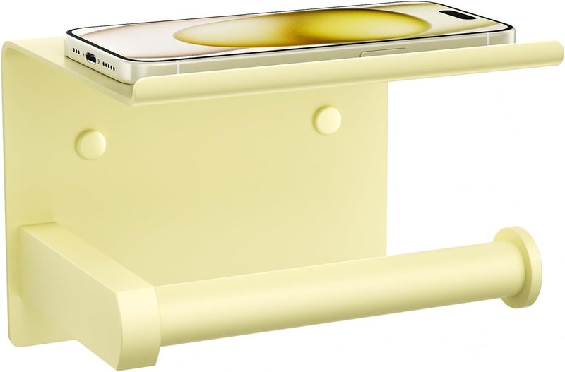 Tindbea Toilet Paper Holder with Phone Shelf, Adhesive or Screw Wall Mount Toilet Tissue Roll Holder, Rustproof & Multifunctional Stainless Steel Bathroom Storage Dispenser (Sunlight Yellow) - Image 1